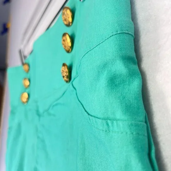Vintage FE USA Womens L Teal Green Sailor Shorts High Rise Stretch Gold  Buttons